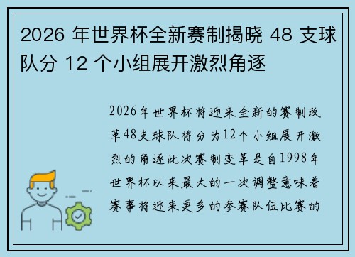 2026 年世界杯全新赛制揭晓 48 支球队分 12 个小组展开激烈角逐 2026 年世界杯全新赛制揭晓 48 支球队分 12 个小组展开激烈角逐