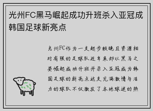 光州FC黑马崛起成功升班杀入亚冠成韩国足球新亮点