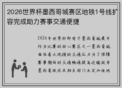 2026世界杯墨西哥城赛区地铁1号线扩容完成助力赛事交通便捷