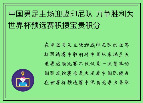 中国男足主场迎战印尼队 力争胜利为世界杯预选赛积攒宝贵积分 中国男足主场迎战印尼队 力争胜利为世界杯预选赛积攒宝贵积分