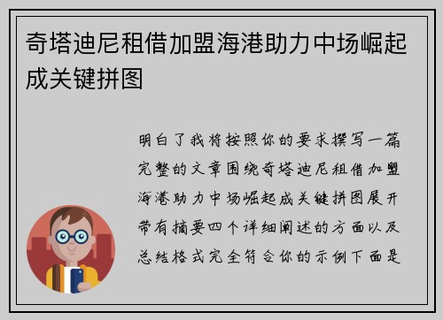 奇塔迪尼租借加盟海港助力中场崛起成关键拼图